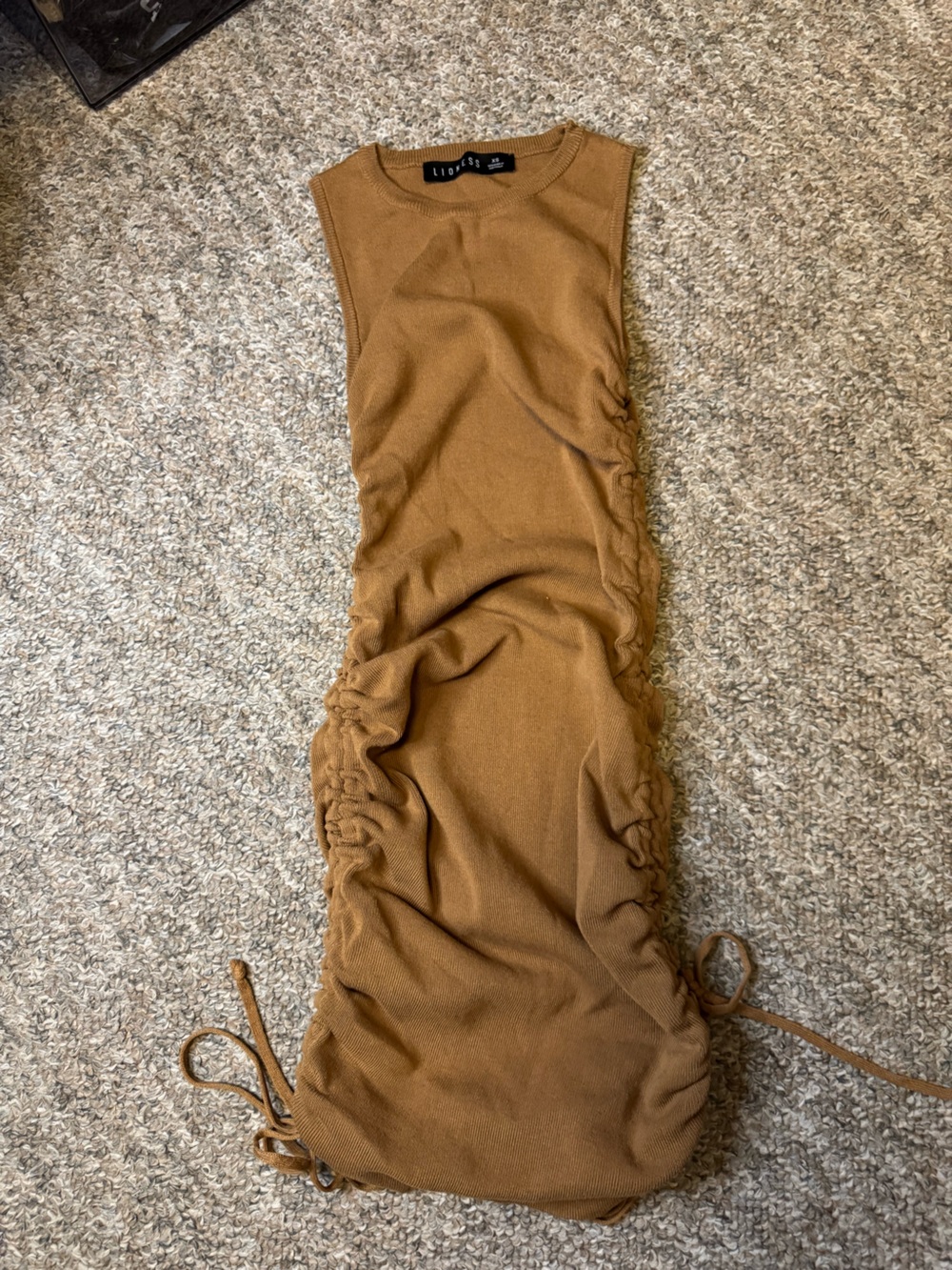 Lioness Ribbed Knit ruched dress in Golden Brown